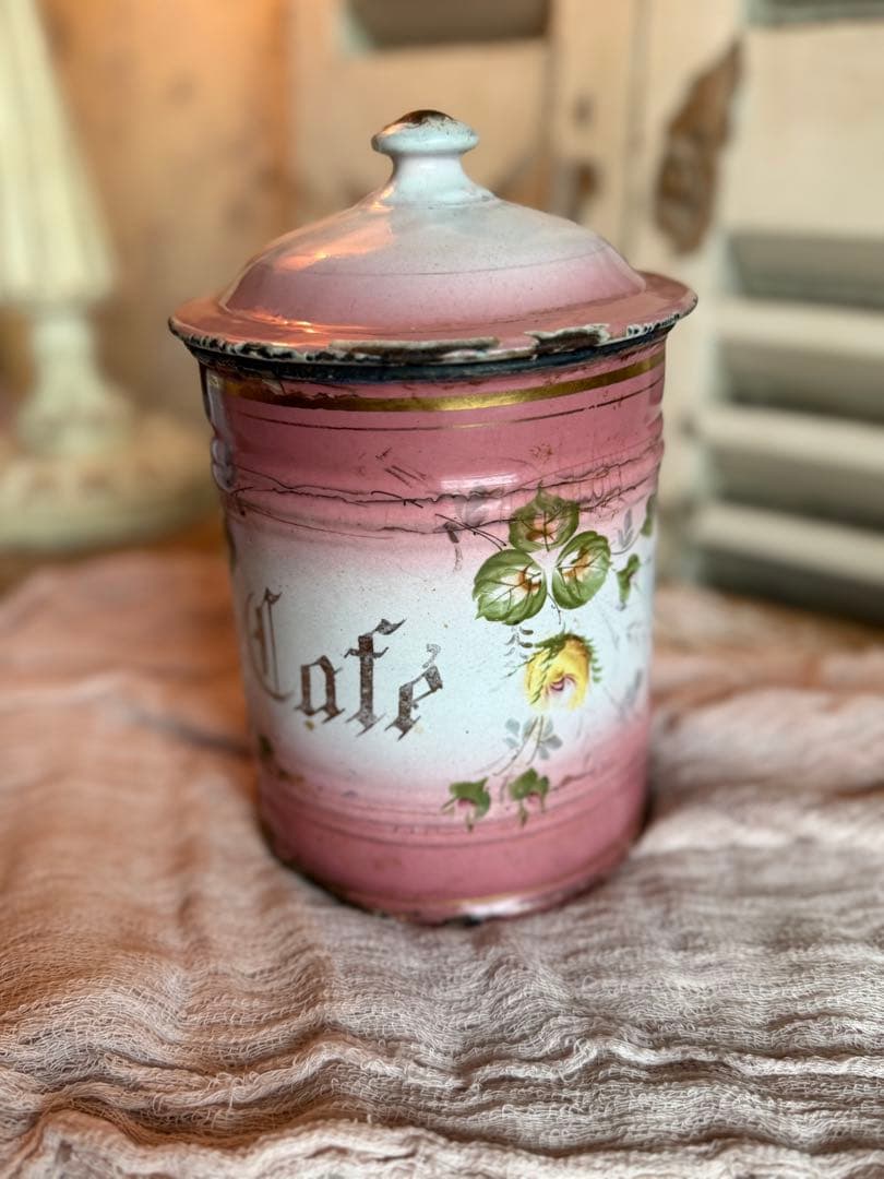 フランスアンティークホーロー激レアピンクの薔薇模様cafeキャニスター