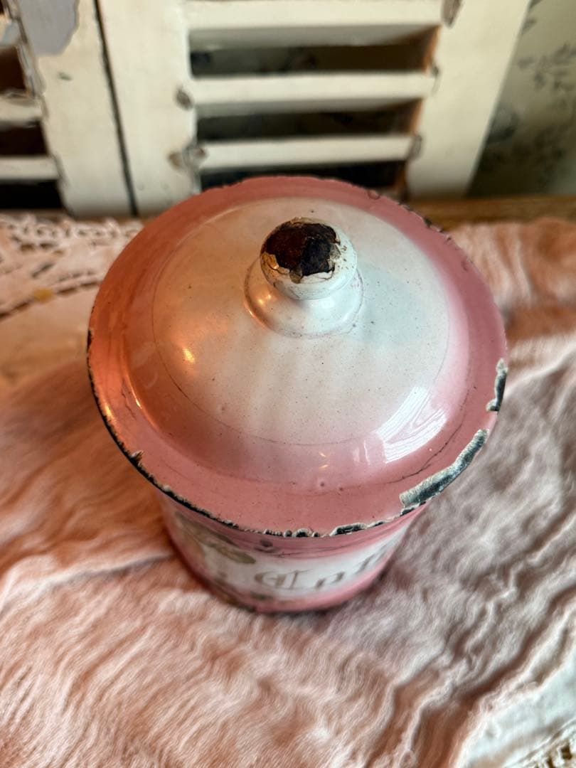 フランスアンティークホーロー激レアピンクの薔薇模様cafeキャニスター