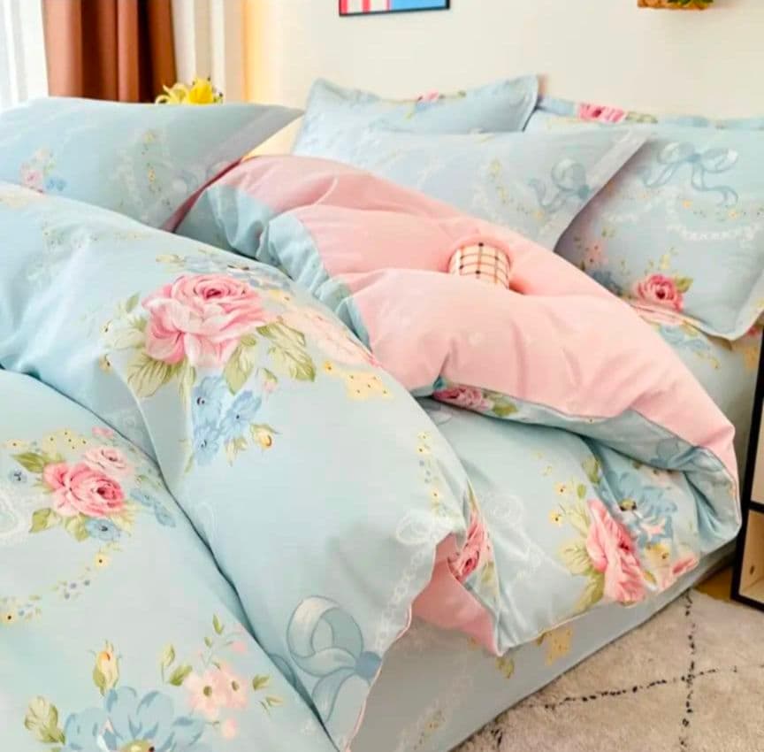 新品★水色薔薇小花リボンレース柄綿100%シングル掛け布団カバー1枚枕カバー2枚