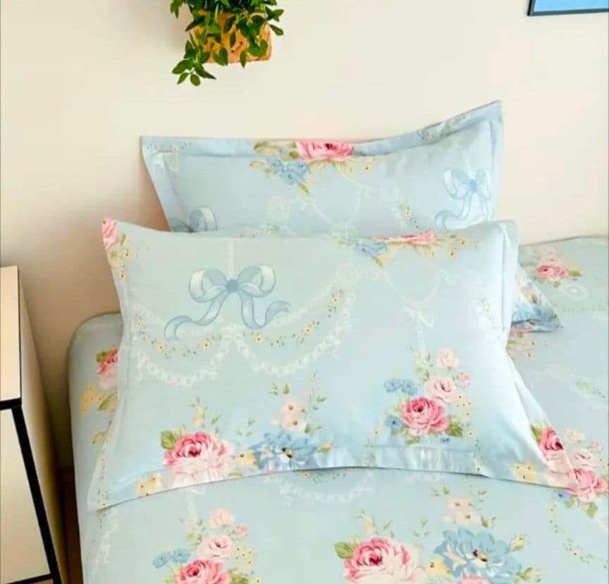 新品★水色薔薇小花リボンレース柄綿100%シングル掛け布団カバー1枚枕カバー2枚