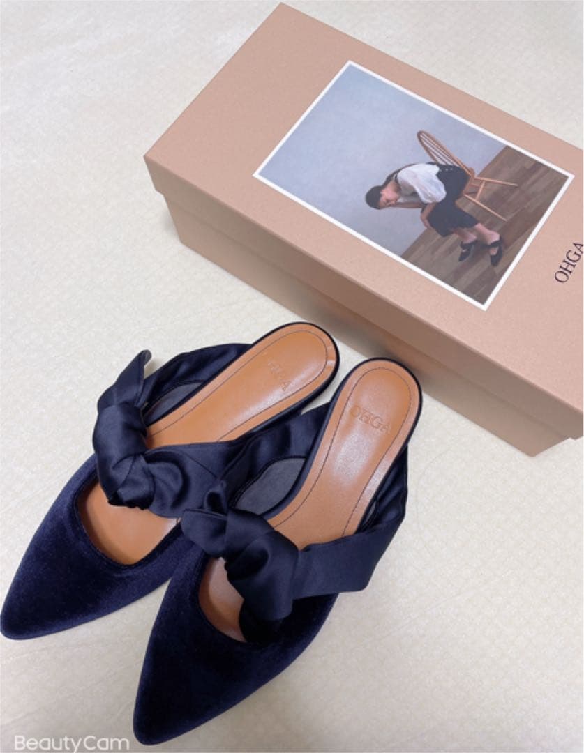 jicaco　Ohga ベロア　リボンミュール　ネイビー