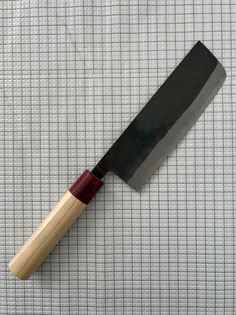 包丁 菜切包丁 菜切 ダマスカス 安来鋼青紙２号 165mm 黒打ち 朴丸柄