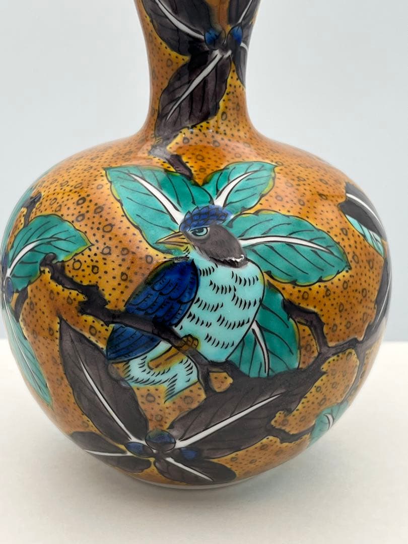 九谷焼 青郊窯 吉田屋風 瓢箪型 徳利型 花瓶 花鳥図 H29cm 箱無 花器