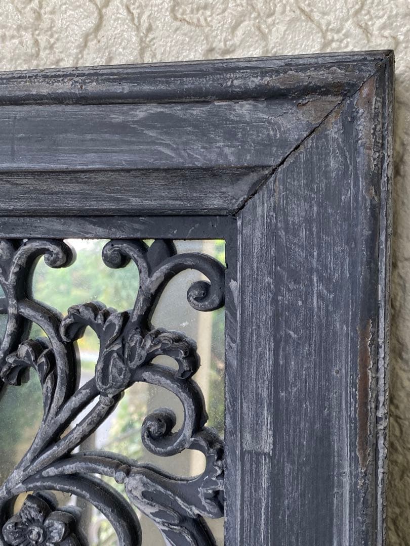 ヴィンテージ風　木製装飾ミラー 長方形 グレー