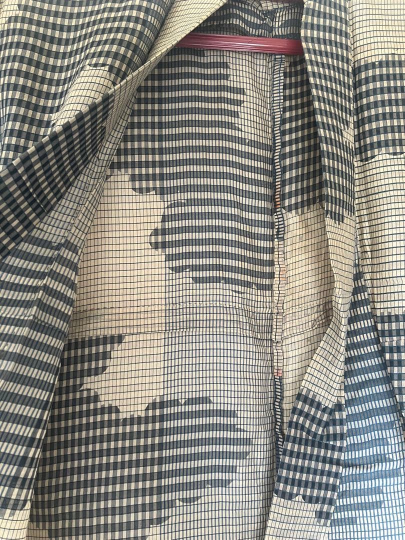 【高級、越後片貝】貴重な細かなチェックの織模様、小千谷縮、時代物☆正絹 着物