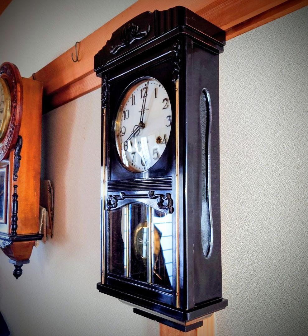 〈完動・美品〉栄計舎　黒漆塗りスリゲル宮型ゼンマイ振り子時計