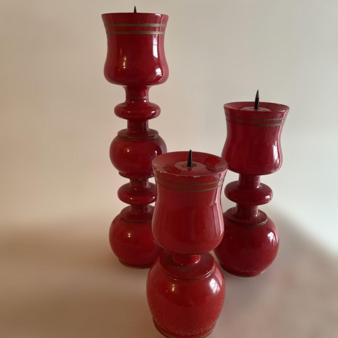 アンティーク 赤い 木製キャンドルホルダー 3個セット クリスマス 蝋燭台