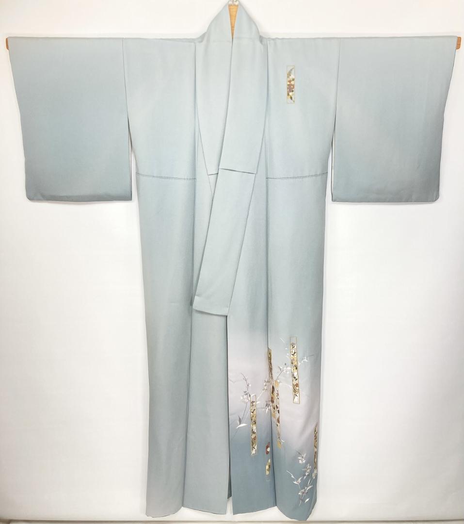 総刺繍 やまと誂製 熨斗 訪問着 袷 正絹 水色 グレー 紫 青 白藍 1395