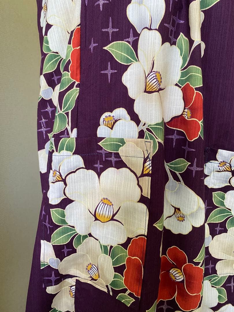 浴衣リメイク　紅白椿　ワンピース＋ガウチョパンツ