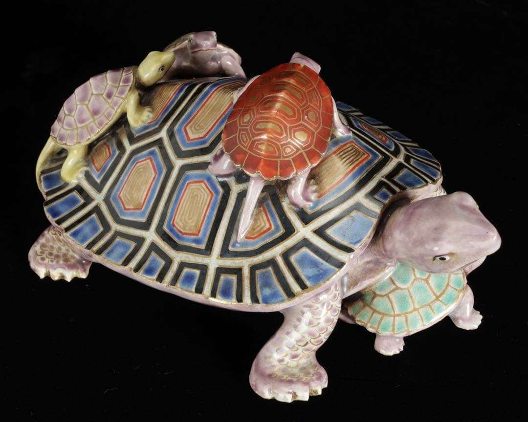 野々村仁清 在銘 色絵親子亀置物 共箱 京焼 細密造形 縁起物 古美術 骨董品