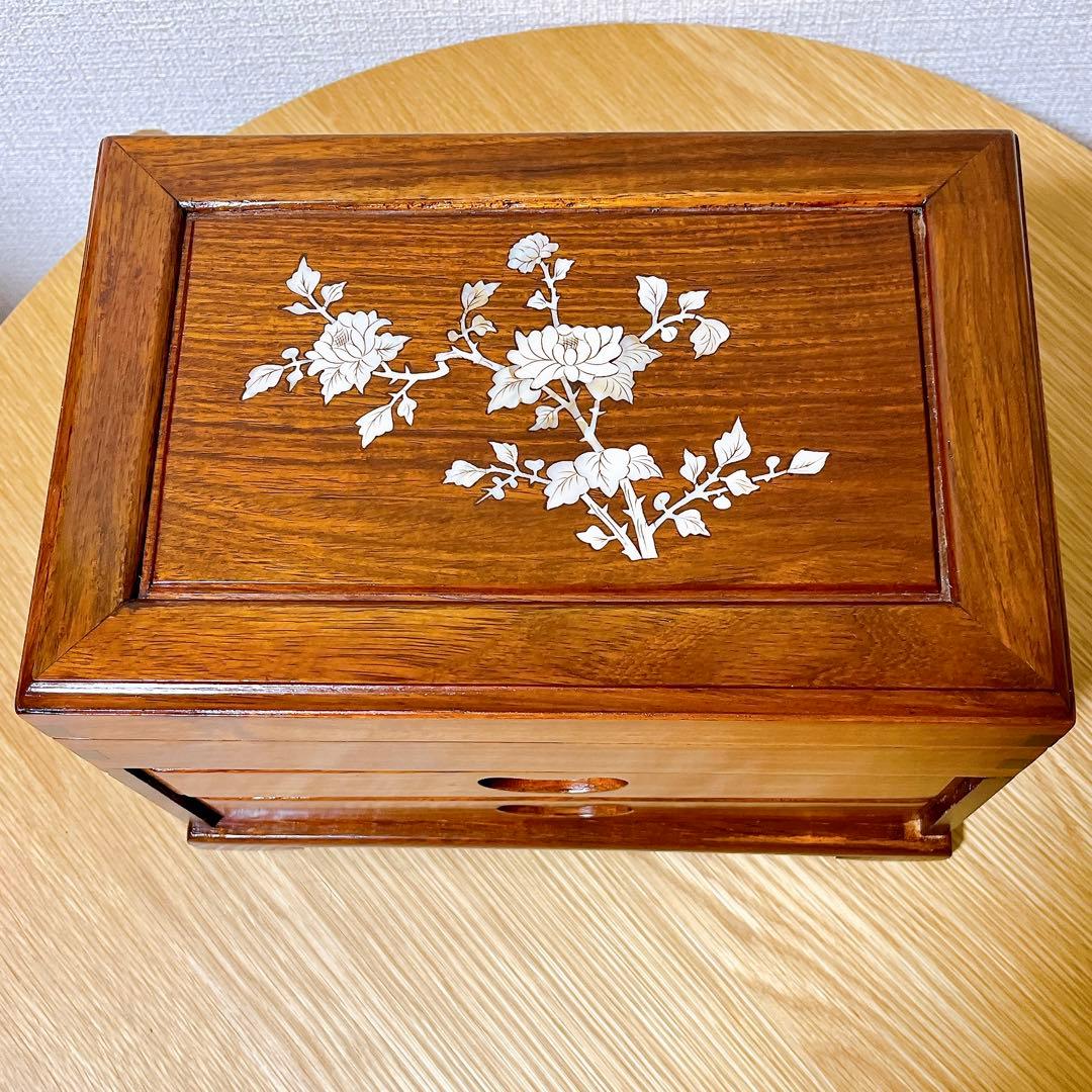 花梨無垢材　ジュエリーボックス　宝石箱　唐木　螺鈿細工　象嵌　小引き出し　化粧台