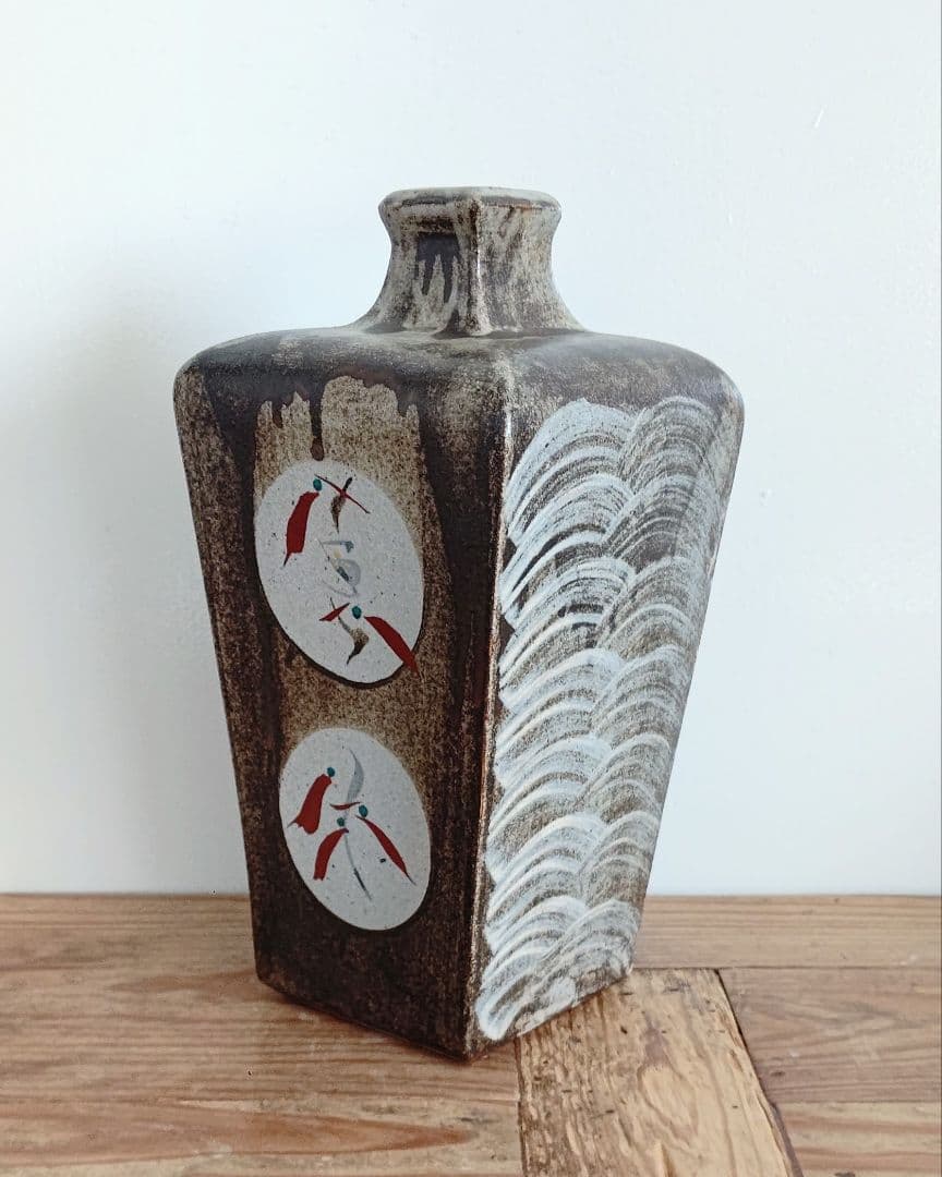 明石庄作 濱田庄司の弟子 赤絵花瓶 益子焼 角瓶 民芸 民藝