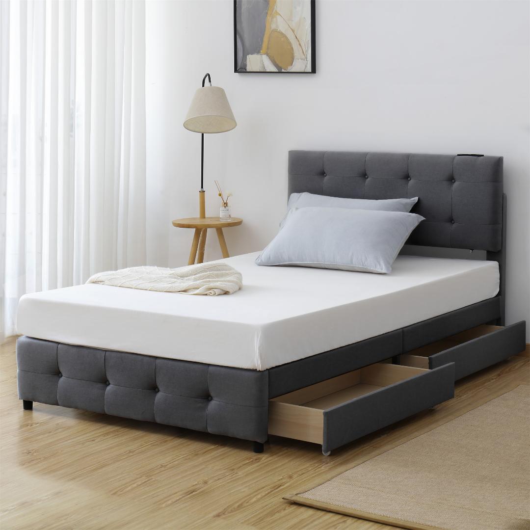 【新品】ダークグレー SDシングルベッド 布貼り 引き出し付き 北欧風