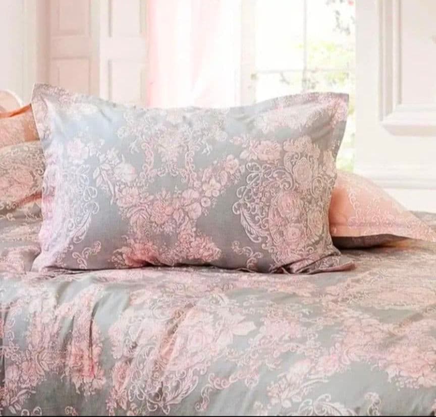 新品未使用★エレガントグレーピンクのダマスクスローズダブル掛け布団枕カバーセット