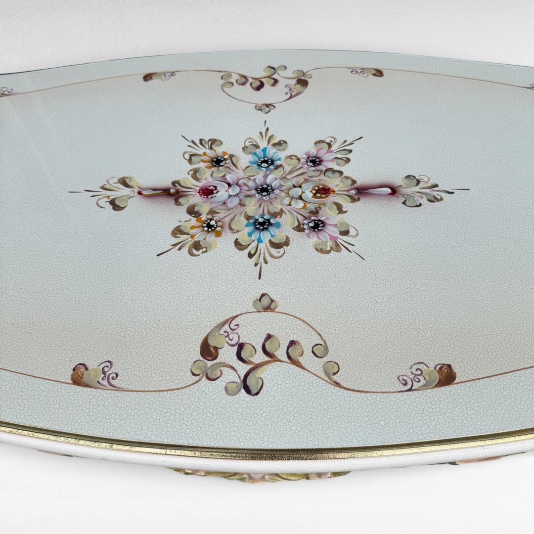 ロココ調 センターテーブル 猫脚 クラック塗装 金彩 手書きペイント ガラス天板