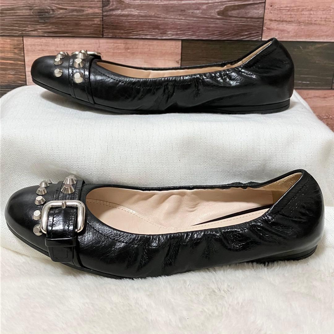 美品 PRADA バレエ シューズ 黒 36 スタッズ ベルト フラット 靴