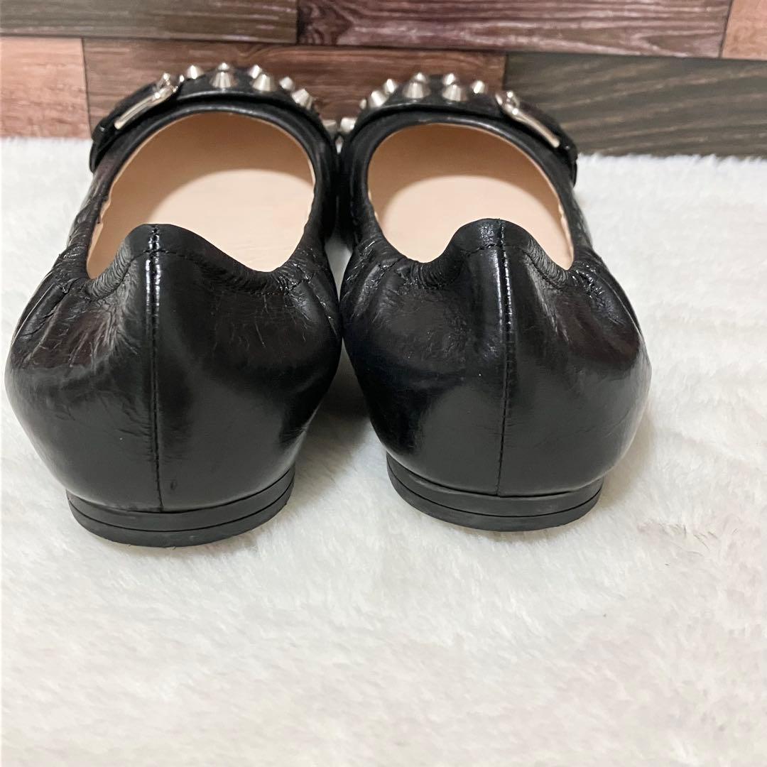 美品 PRADA バレエ シューズ 黒 36 スタッズ ベルト フラット 靴