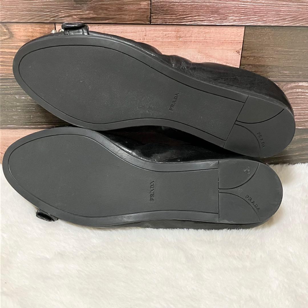 美品 PRADA バレエ シューズ 黒 36 スタッズ ベルト フラット 靴