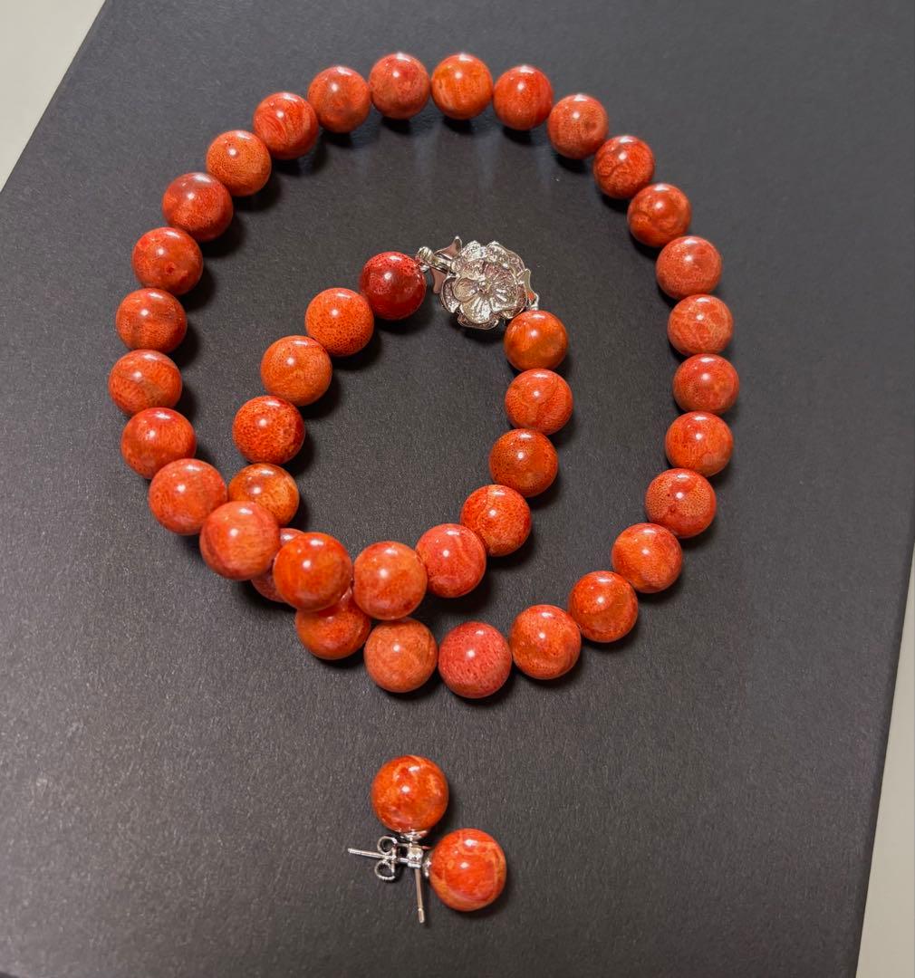 天然珊瑚２点揃え①ネックレス（１１mm珠）②ピアス（１０mm珠）No.2