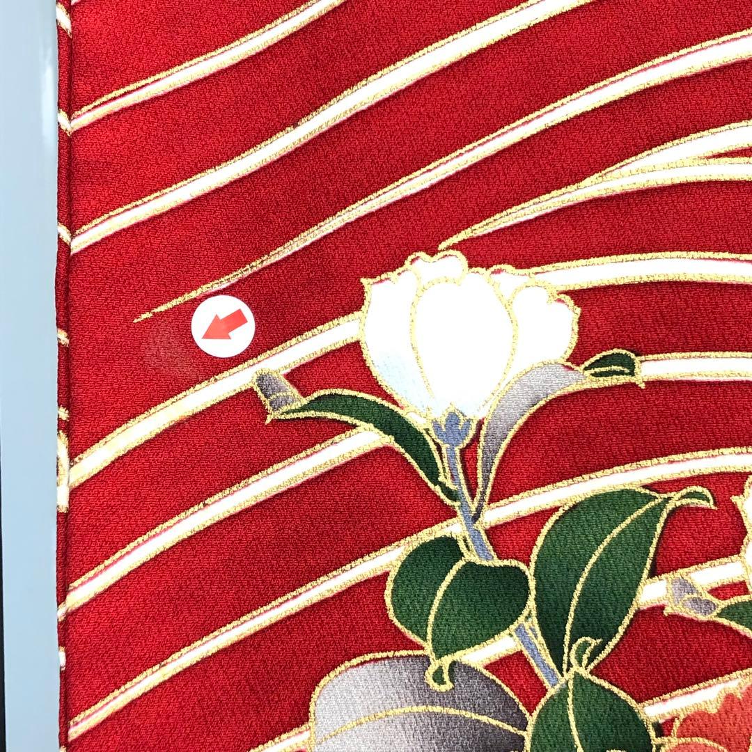 振袖 美しい花柄模様 波模様 金彩 赤色 トールサイズ 縮緬 KK-1869