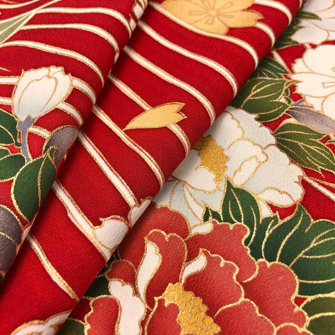 振袖 美しい花柄模様 波模様 金彩 赤色 トールサイズ 縮緬 KK-1869