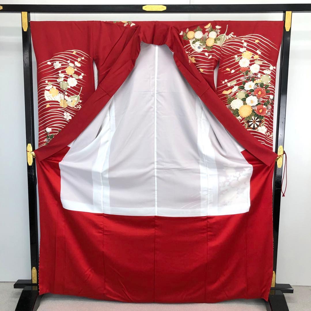 振袖 美しい花柄模様 波模様 金彩 赤色 トールサイズ 縮緬 KK-1869