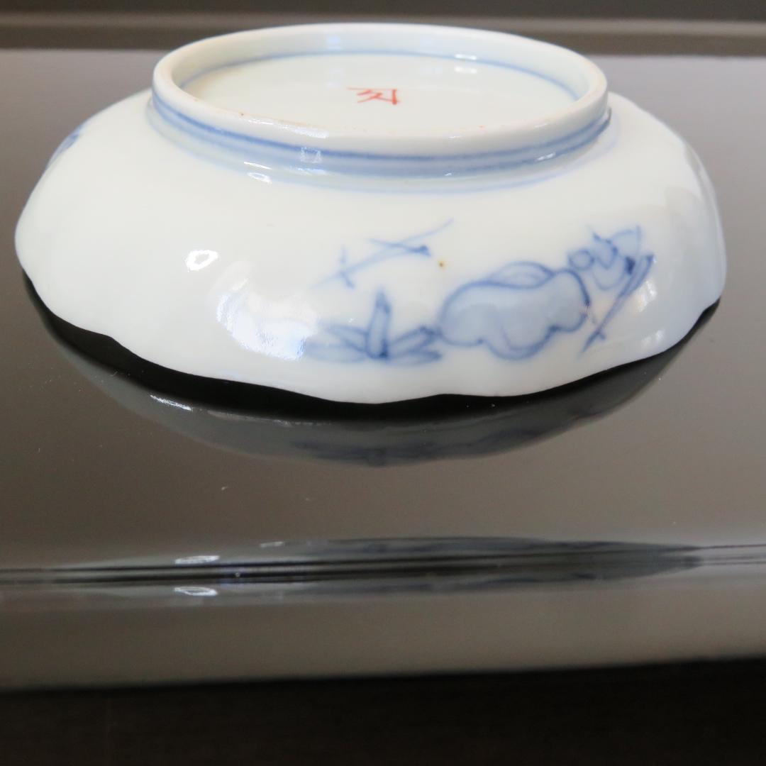 小皿 5枚 古伊万里 色絵付け 鶴 菊 草 扇 花束 銘 角久 窯傷 江戸 明治