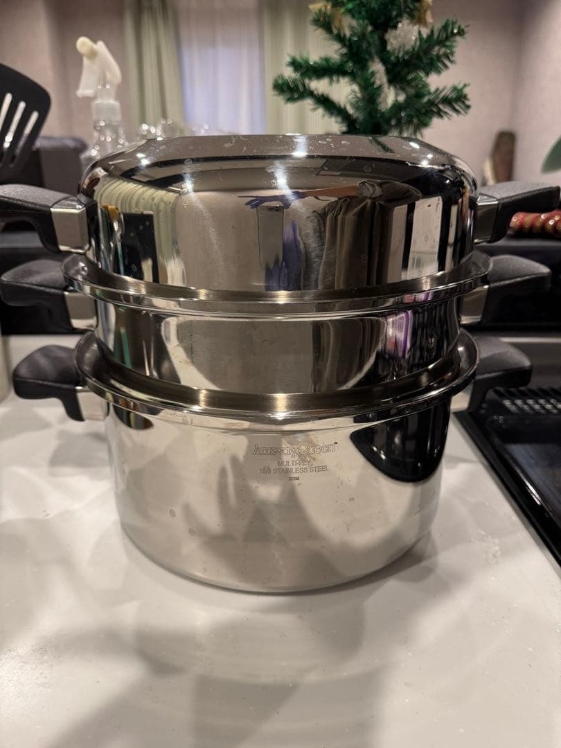 6L鍋！ひと鍋で一度に3種調理！ステンレス 二重鍋 蒸し器付き