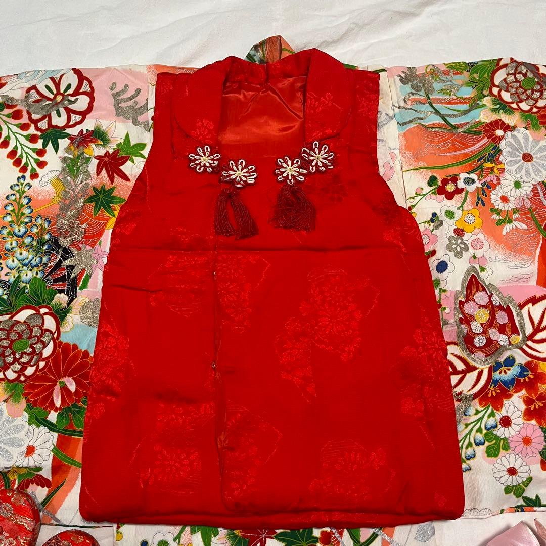 七五三　3歳　アンティーク　被布　正絹　白　着物セット