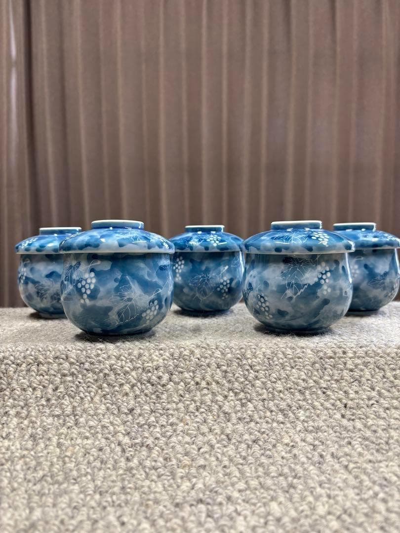 新品　爽やかな青緑のブドウ　小ぶりな蒸椀　ちゃわんむし　54客　景山　有田焼