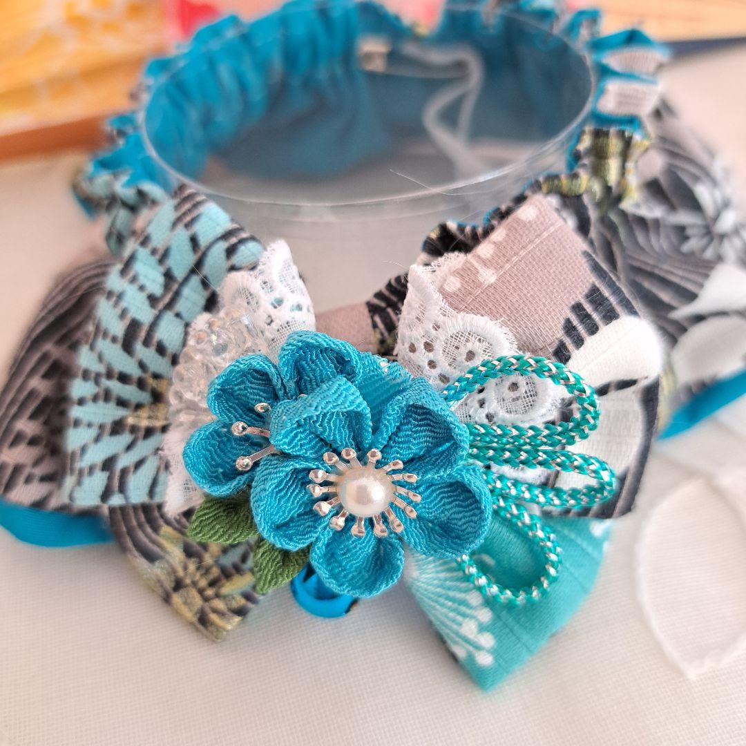 幅広シュシュ和風つまみ細工(黒×エメラルド)わんちゃん猫ちゃん用