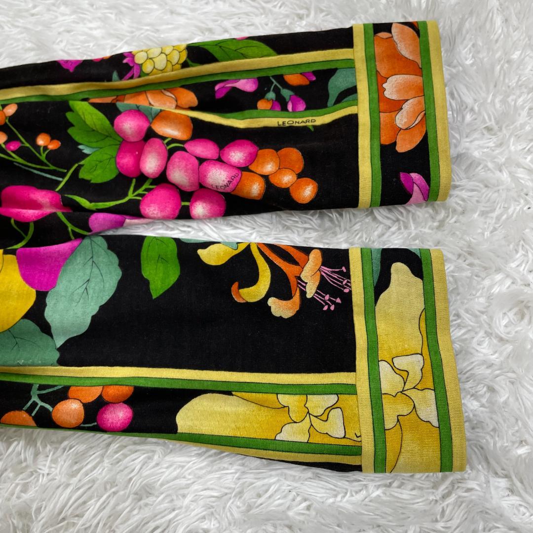 レオナール ロングワンピース 花柄 トリム ベルト付き 長袖ミディドレス L