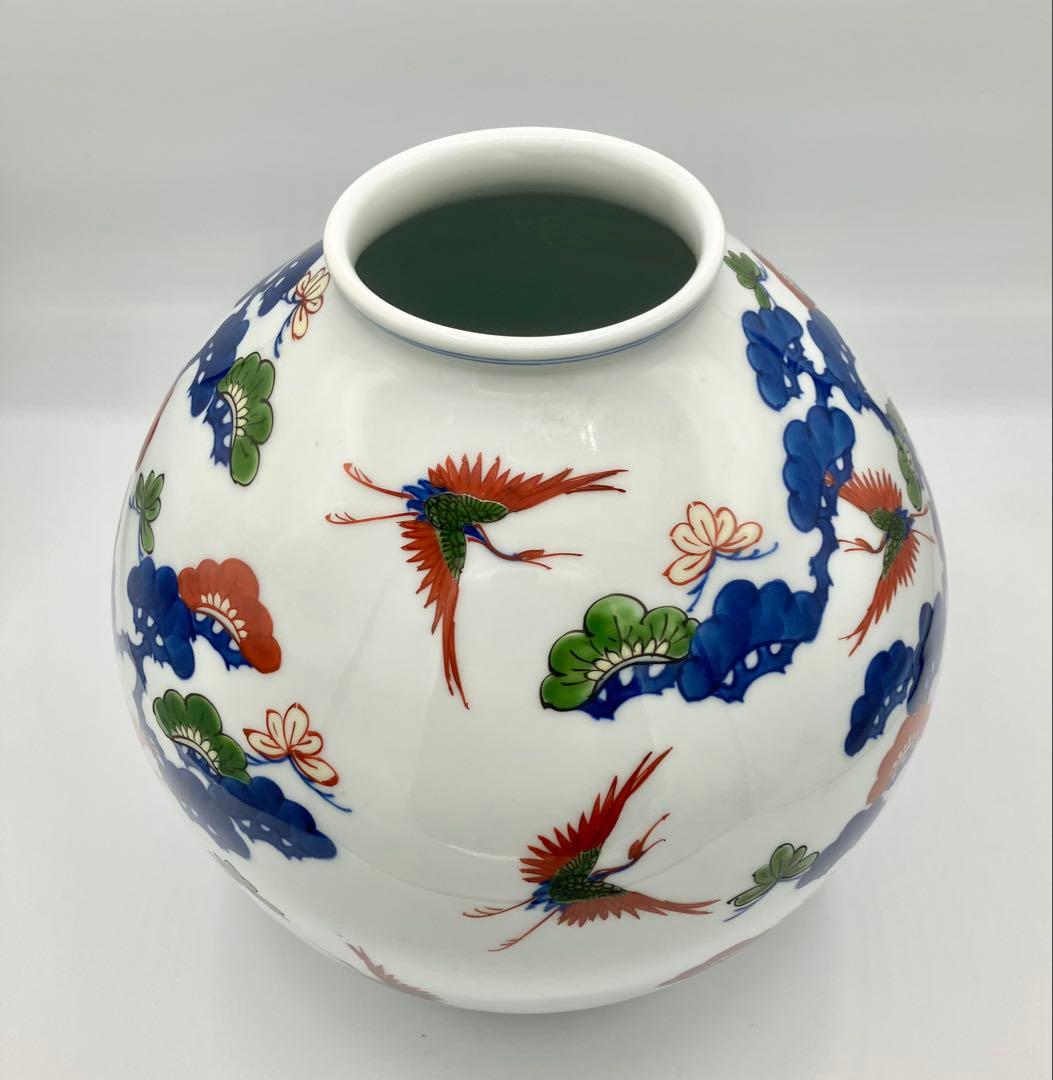 ◯ 有田焼 源右衛門窯 「染錦松鶴花瓶」