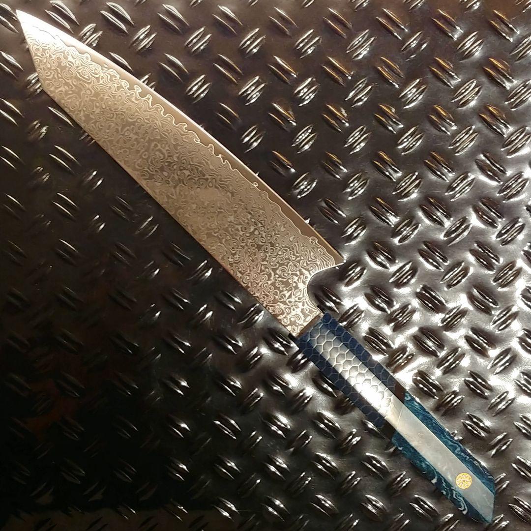 V金10号　ダマスカス包丁　ハニカム模様　ブルー柄　剣型　牛刀　三徳