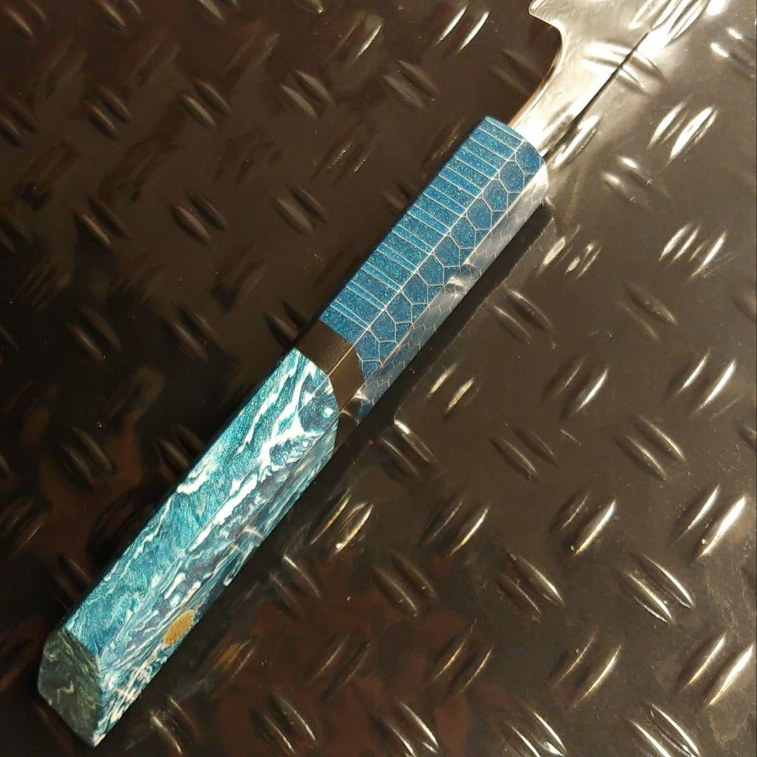 V金10号　ダマスカス包丁　ハニカム模様　ブルー柄　剣型　牛刀　三徳