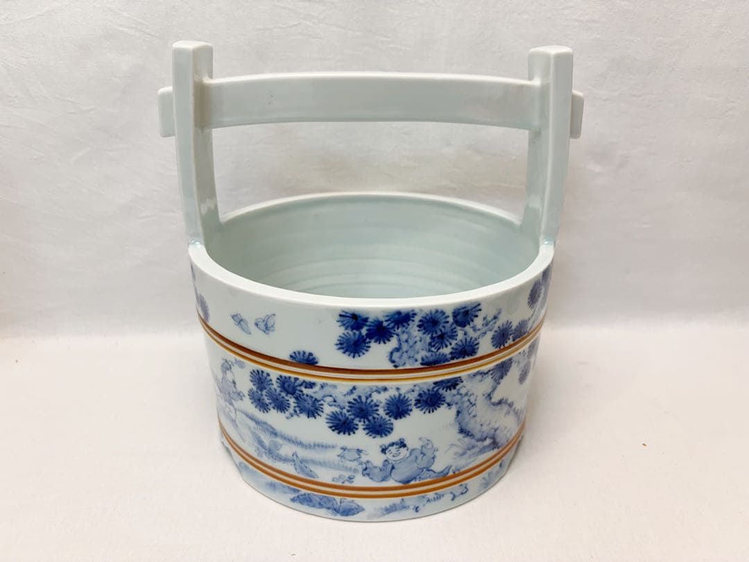 未使用 茶道具 八十翁 石泉作 瀬戸染付 唐子絵 手桶水指 割蓋 底印 共箱