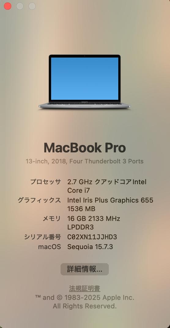 MacBook Pro 2018 A1989 i7 13㌅ バッテリー良好