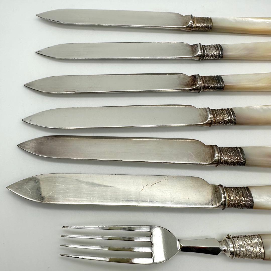 英国製/白蝶貝マザーオブパールフルーツナイフ&フォーク12本 鍵付木製箱