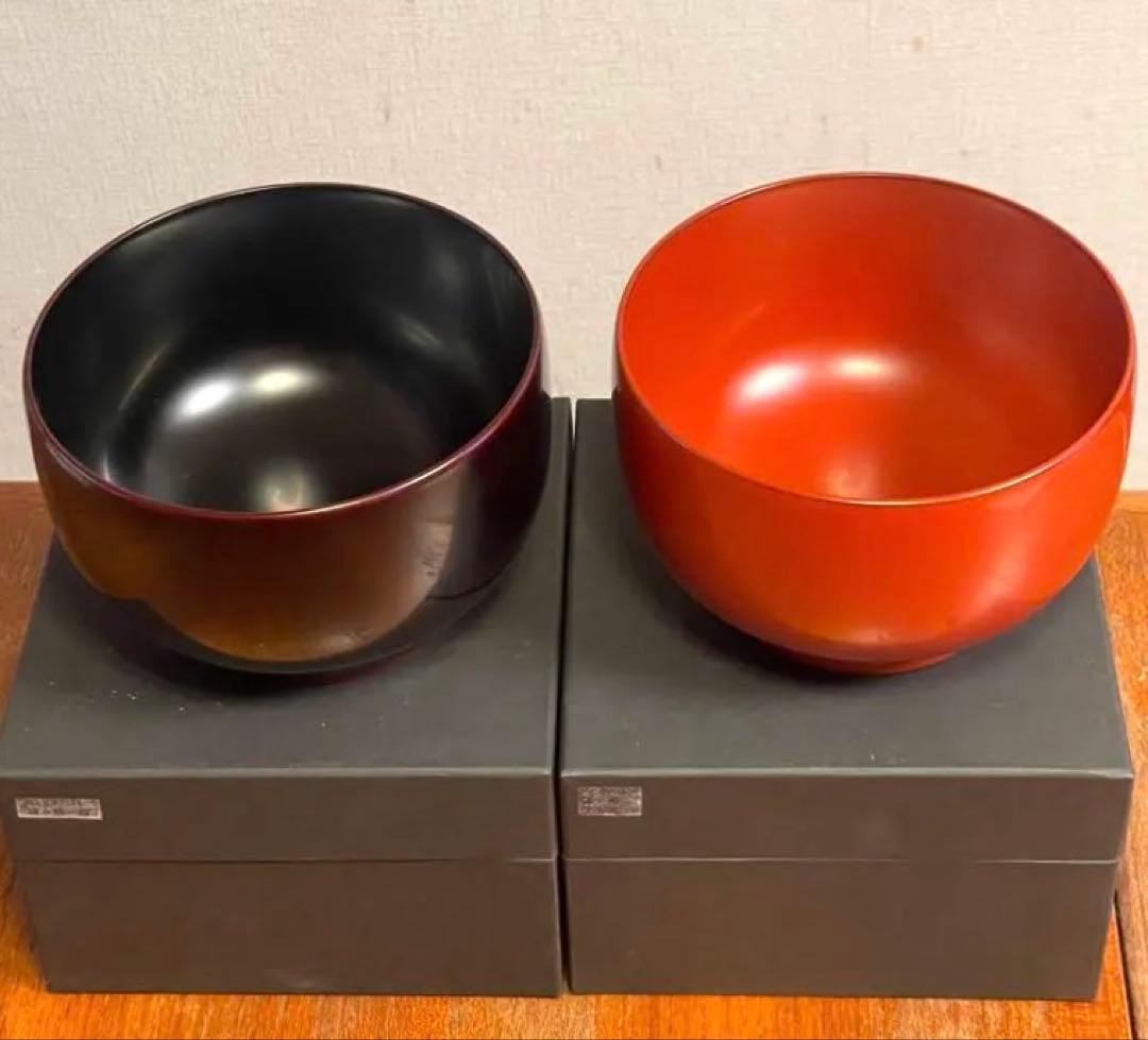 輪島屋善仁　福々椀　洗朱塗 ・溜内黒塗 2個セット