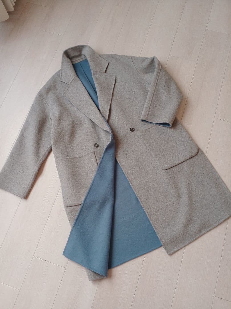 デザインワークス　グレー&ブルー　リバーシブル　ウールコート