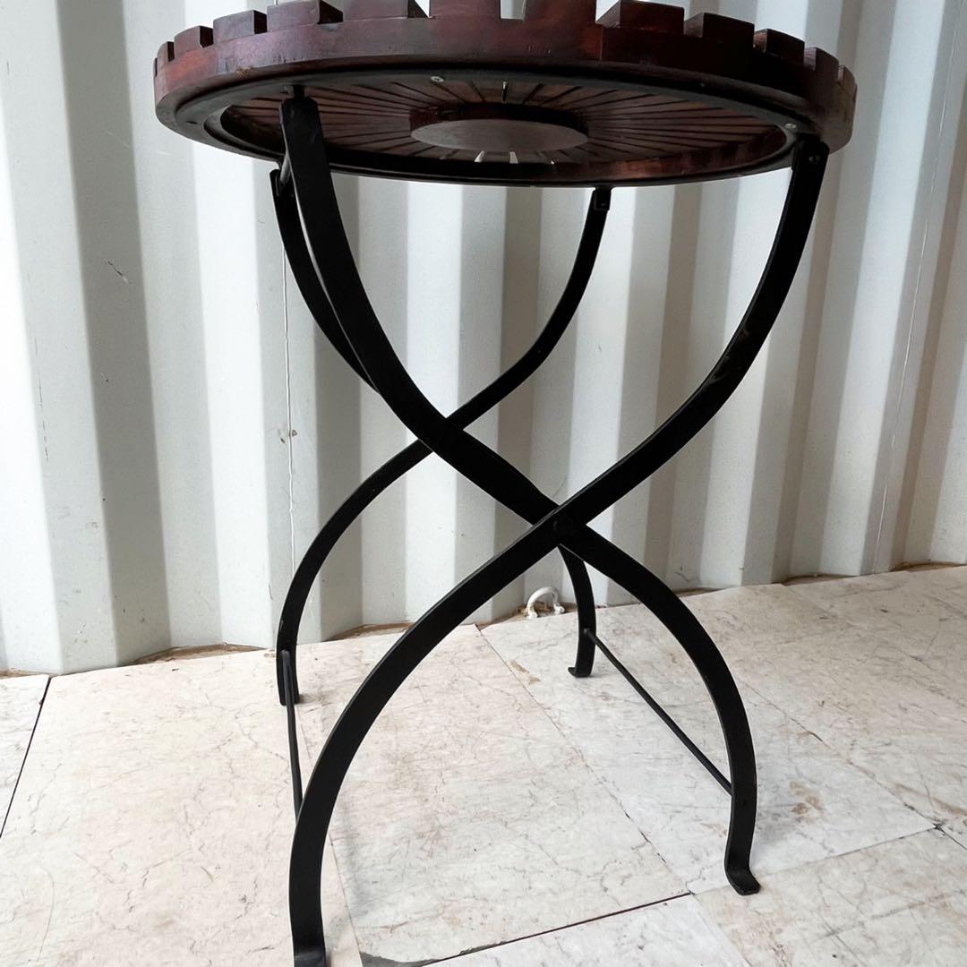 取付無料！ガーデンファニチャー 天然木 アイアン 折り畳み円形テーブル&チェア✨