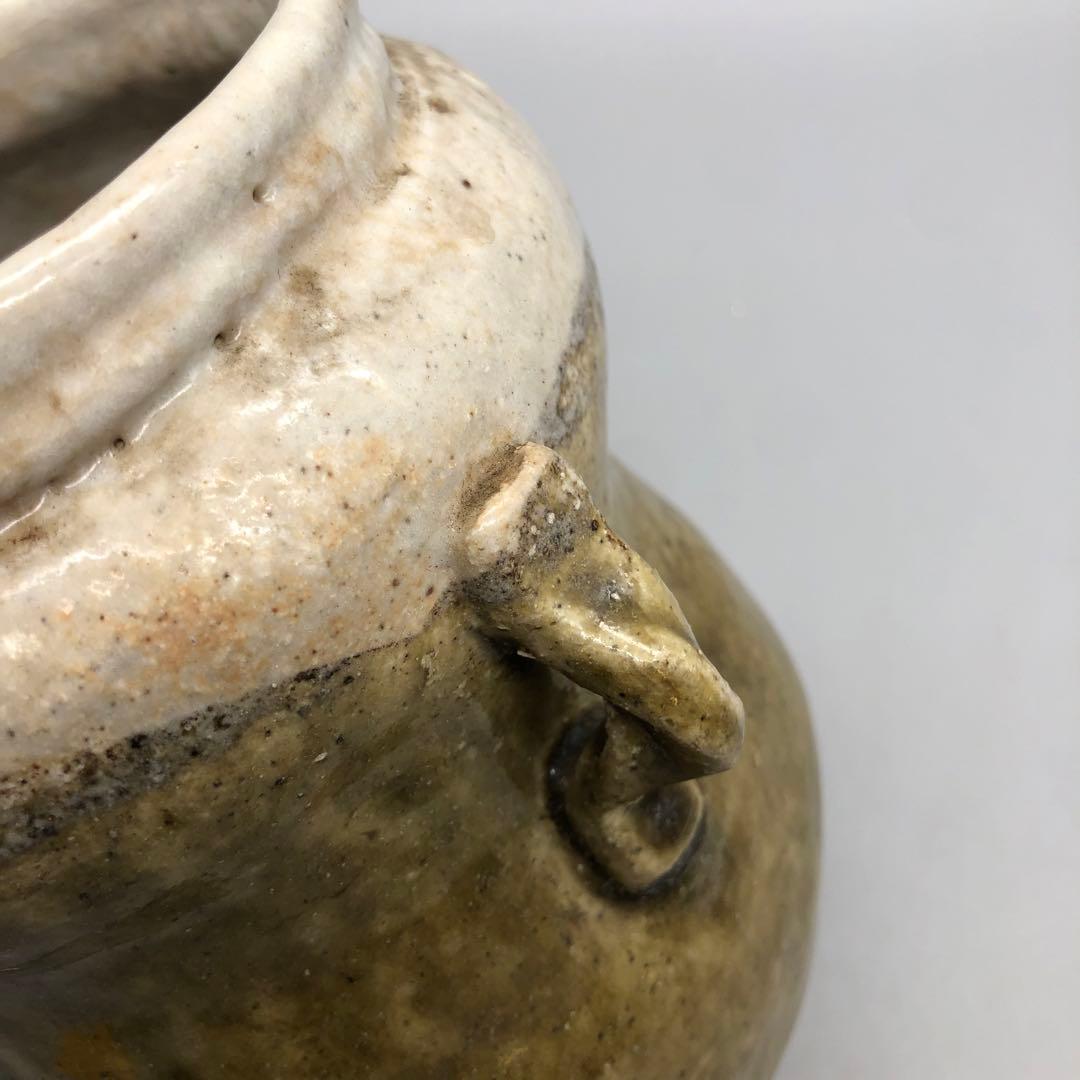 緑褐色壺型耳付き双耳陶器花入れ花瓶フラワーベース伝統工芸アンティーク骨董置物