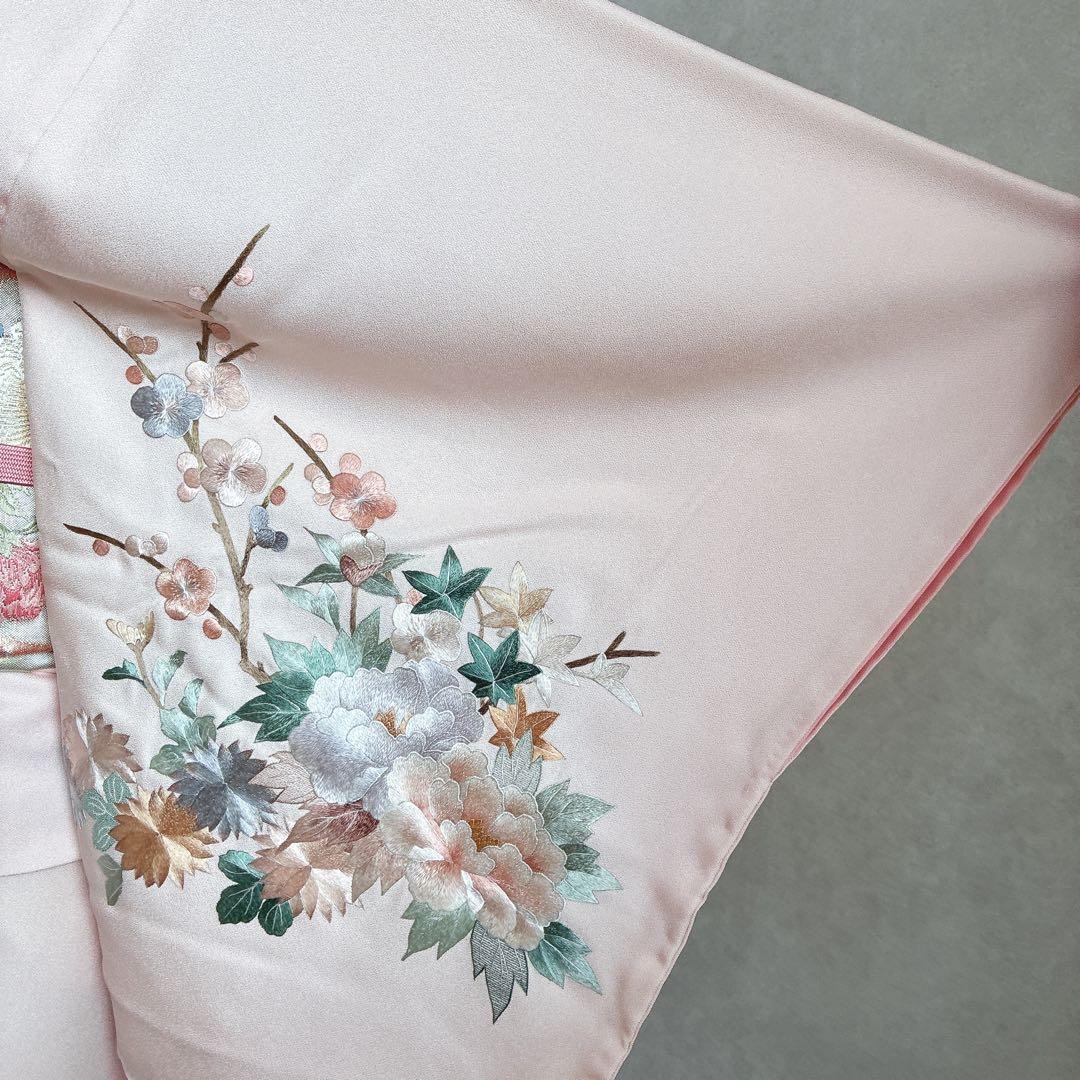 訪問着　フルセット　着物　正絹　入学式　繊細な花刺繍　淡彩の華　薄桃色　J10