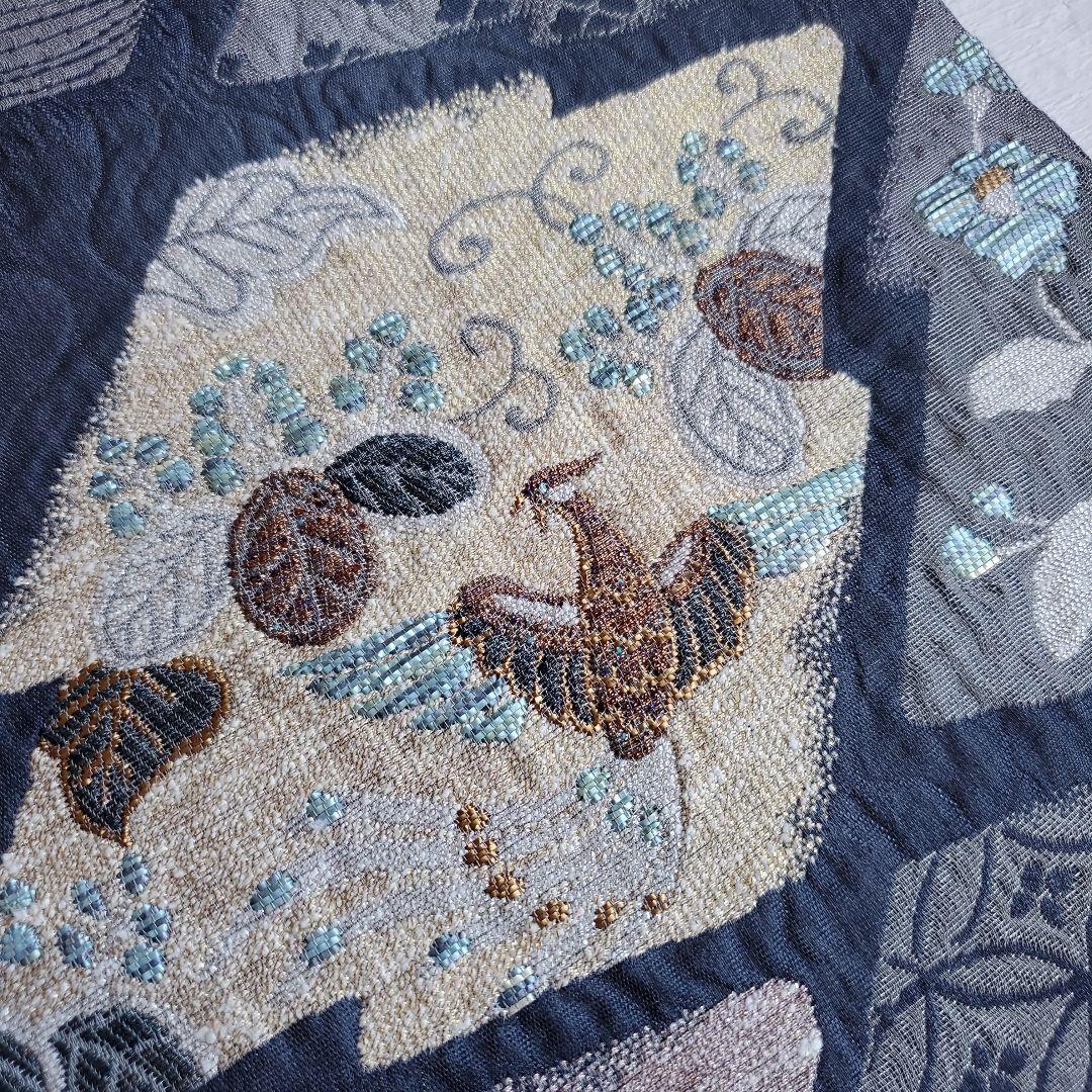 落ち着いたネイビーグレー　鳳凰と草花模様の袋帯