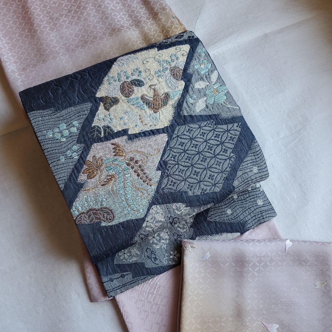 落ち着いたネイビーグレー　鳳凰と草花模様の袋帯