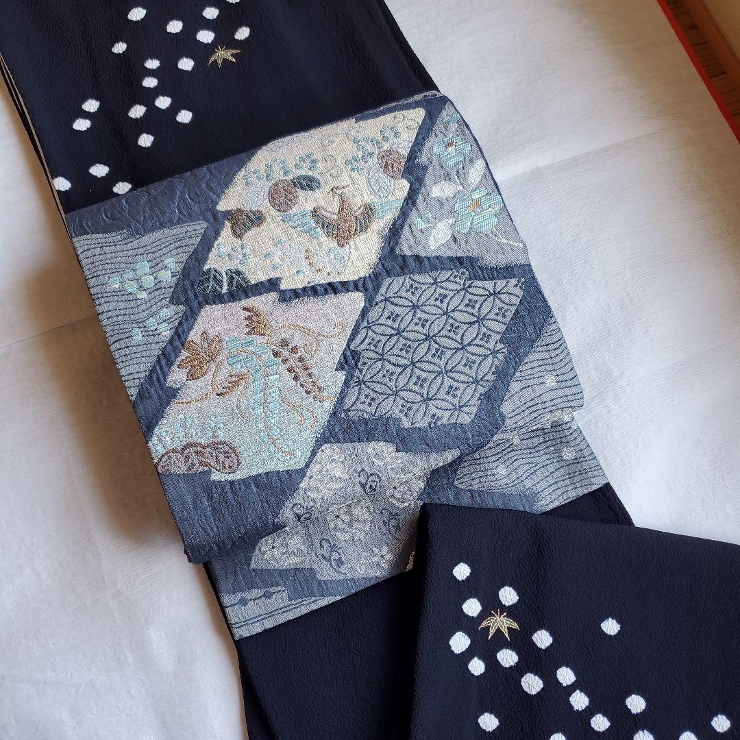 落ち着いたネイビーグレー　鳳凰と草花模様の袋帯