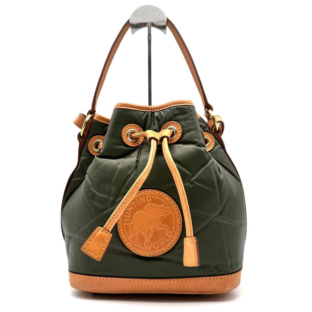 未使用に近い ハンティングワールド 巾着 ショルダーバッグ バチュー カーキ