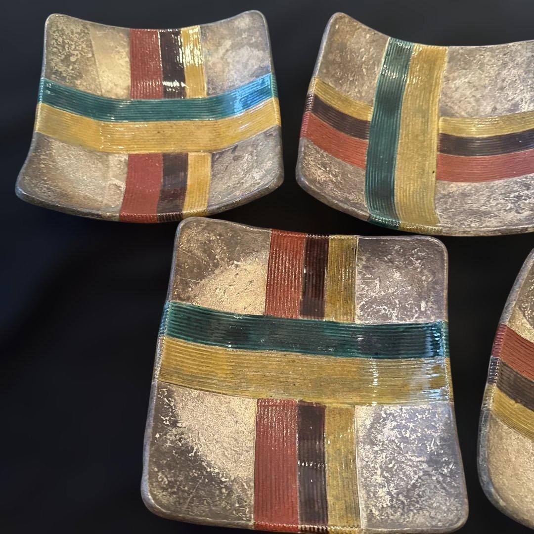 希少美品　魯山人写 美食道楽 和食器揃え 祥山 色絵銀彩糸巻文四方皿5枚セット