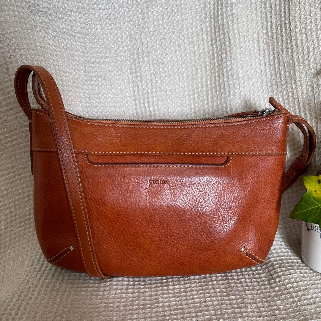 ◇ 美品 genten ゲンテン カットワークレザーショルダーバッグ ブラウン◇