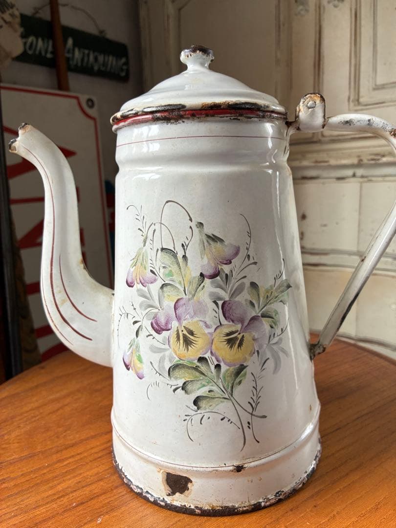 フランス　アンティーク　手描き　ホーロー　コーヒー　ポット　JAPY すみれ